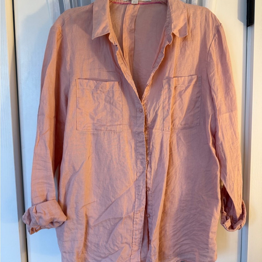 Peach Button-Up Linen Blouse